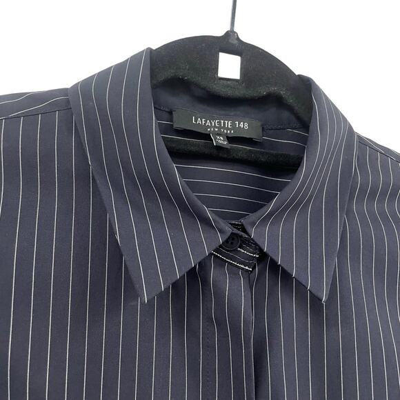 Lafayette 148 New York Long Sleeve Striped Concealed Button Up Navy White XS - Picture 2 of 7